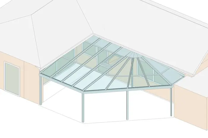 Terrassendach als Ecklösung um die Hausecke geführt